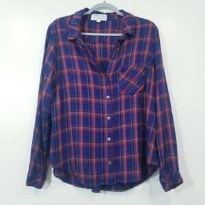 Anthropologie Cloth & Stone Blue and Red Plaid Button-Up Shirt Long Sleeves